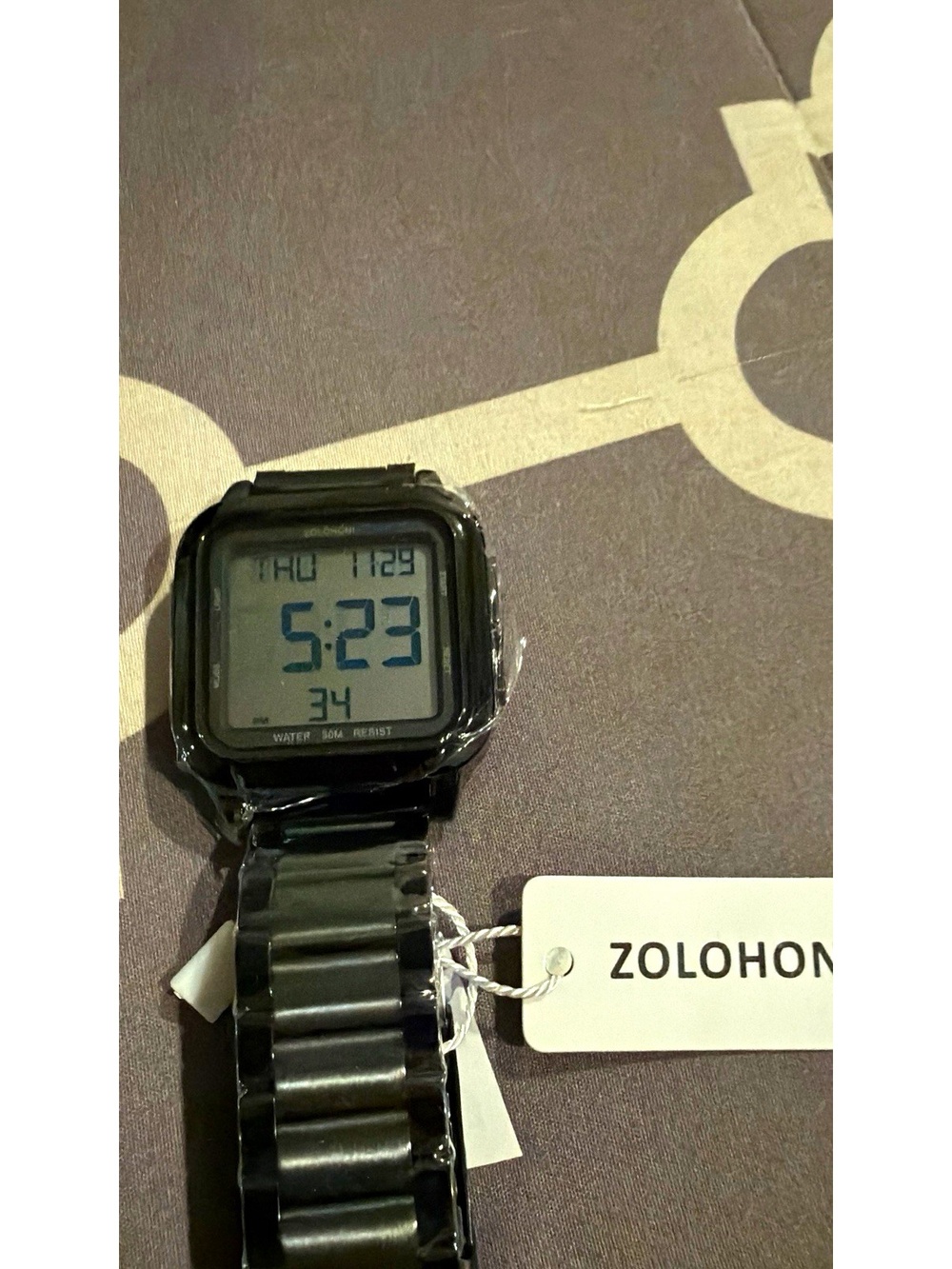 ZOLOHONI Digital Square Quartz Watch Black Stainless Bracelet Alarm 30m